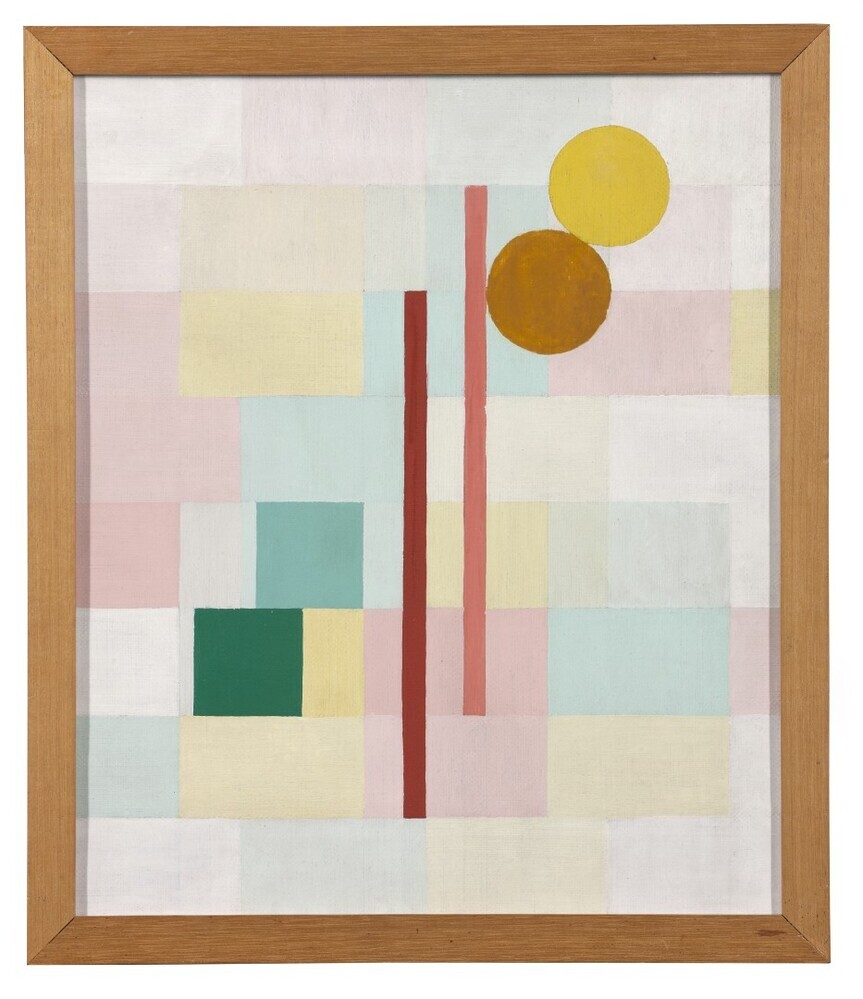 Compositie met twee verticalen, twee vierkanten, twee cirkels